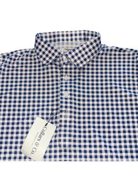 NWT Collars & Co Dress Collar Polo Large Navy Purple Gingham Plaid Performance